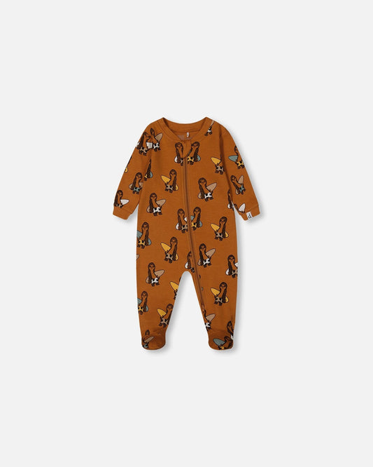 Printed Organic Cotton One-Piece Pajama Sloths On Tan Background-0