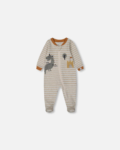 Printed Organic Cotton One-Piece Pajama Dinosaur On Mottled And Tan Background-0