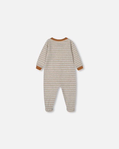 Printed Organic Cotton One-Piece Pajama Dinosaur On Mottled And Tan Background-1