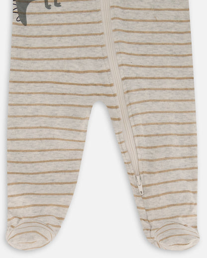 Printed Organic Cotton One-Piece Pajama Dinosaur On Mottled And Tan Background-2