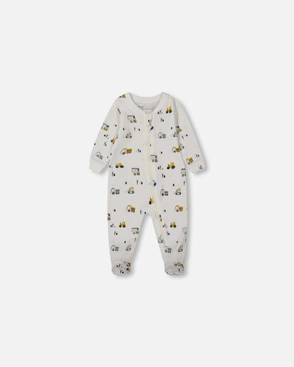 Printed Organic Cotton One-Piece Pajama Off-White And Multi Truck-0