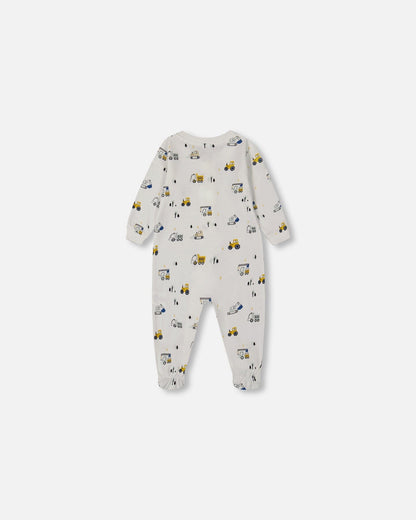 Printed Organic Cotton One-Piece Pajama Off-White And Multi Truck-2