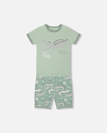 Organic Cotton Two-Piece Short Pajama Set Light Sage And Gray Crocodile-0