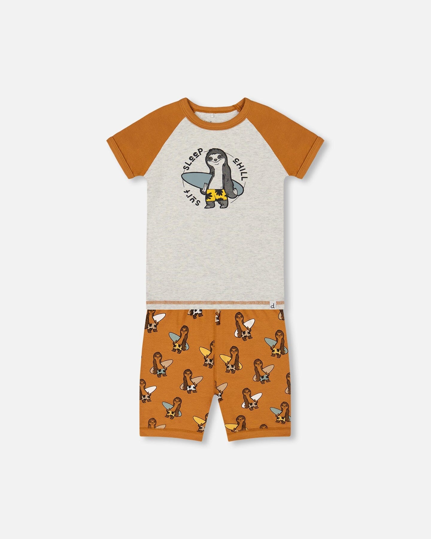 Organic Cotton Two-Piece Short Pajama Set Sloths On Tan And Mottled Background-0