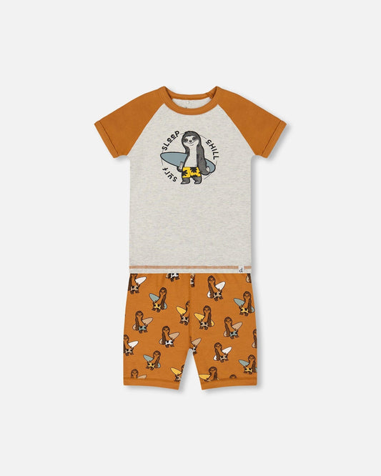 Organic Cotton Two-Piece Short Pajama Set Sloths On Tan And Mottled Background-0