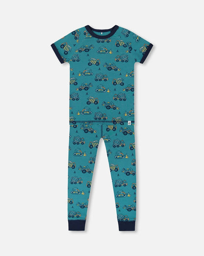 Organic Cotton Two-Piece Short Sleeve Top And Pant Pajama Set Teal With Yellow Truck-0