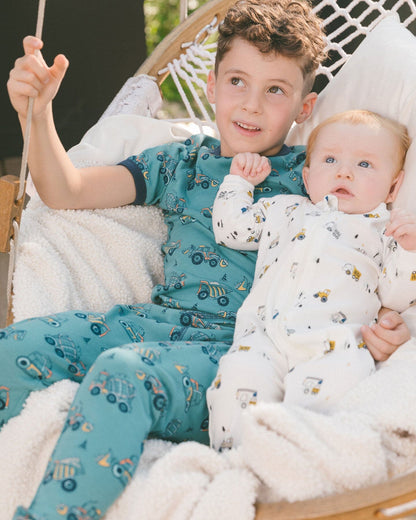 Organic Cotton Two-Piece Short Sleeve Top And Pant Pajama Set Teal With Yellow Truck-3