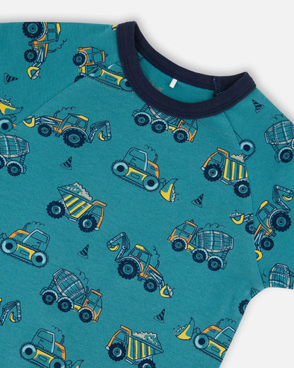Organic Cotton Two-Piece Short Sleeve Top And Pant Pajama Set Teal With Yellow Truck-2