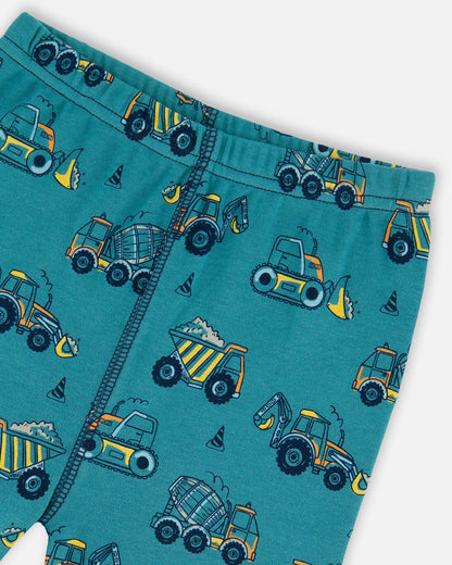 Organic Cotton Two-Piece Short Sleeve Top And Pant Pajama Set Teal With Yellow Truck-4