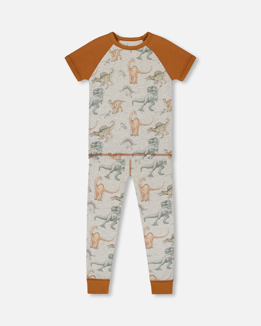 Organic Cotton Two-Piece Short Sleeve Top And Pant Pajama Set Dinosaur On Mottled And Tan Background-0