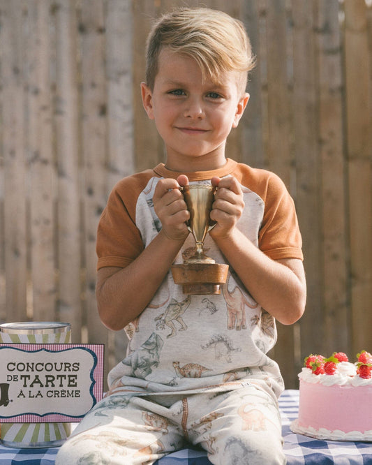 Organic Cotton Two-Piece Short Sleeve Top And Pant Pajama Set Dinosaur On Mottled And Tan Background-1