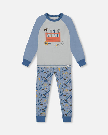 Organic Cotton Long Sleeve Top And Pants Two-Piece Pajama Set Tools On Bluish Gray Background-0