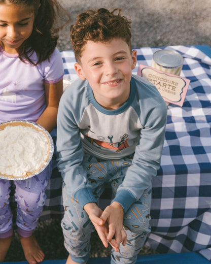 Organic Cotton Long Sleeve Top And Pants Two-Piece Pajama Set Tools On Bluish Gray Background-2