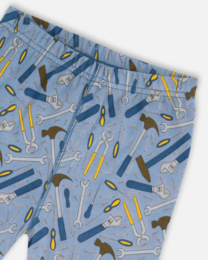 Organic Cotton Long Sleeve Top And Pants Two-Piece Pajama Set Tools On Bluish Gray Background-4