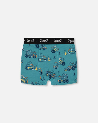 Printed Organic Cotton Boxer Shorts Teal With Yellow Truck-0