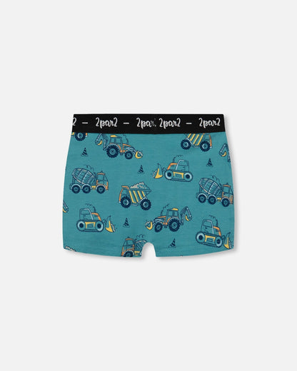 Printed Organic Cotton Boxer Shorts Teal With Yellow Truck-1