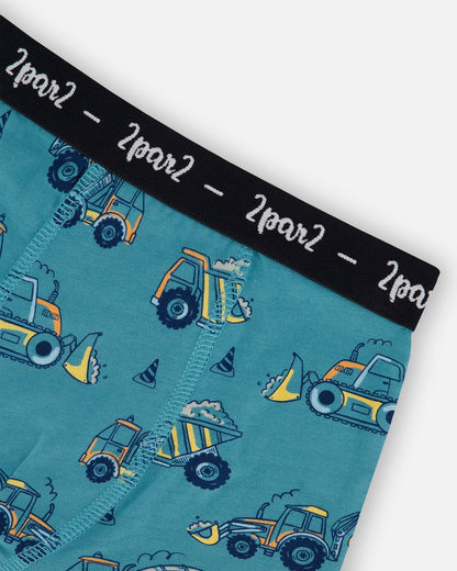 Printed Organic Cotton Boxer Shorts Teal With Yellow Truck-2