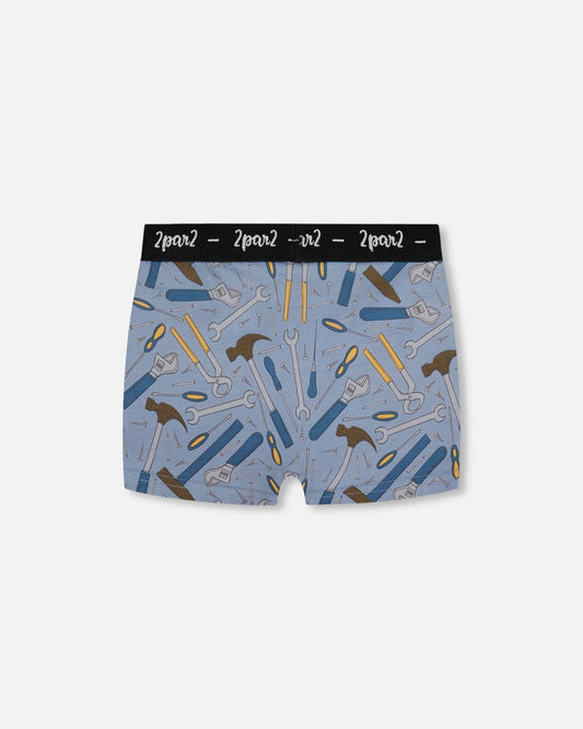 Printed Organic Cotton Boxer Shorts Tools On Bluish Gray Background-1