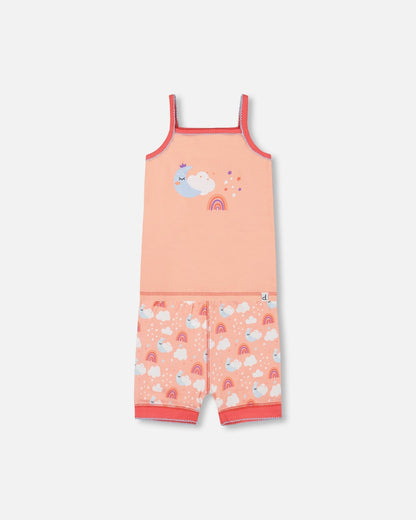 Organic Cotton Tank Top And Shorts Pajama Set Rainbow On Light Coral-0
