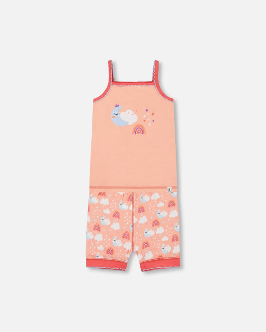 Organic Cotton Tank Top And Shorts Pajama Set Rainbow On Light Coral-0