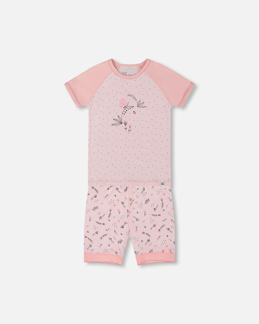 Organic Cotton Two-Piece Short Pajama Set Small Pink Flowers On Pale Pink Background-0