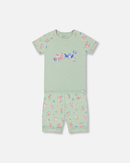 Organic Cotton Two-Piece Short Pajama Set Small Pink And Blue Flowers On Light Sage-0