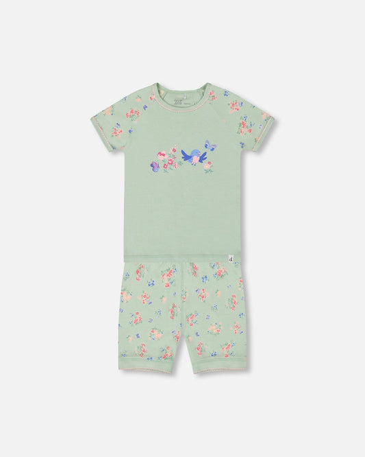 Organic Cotton Two-Piece Short Pajama Set Small Pink And Blue Flowers On Light Sage-0