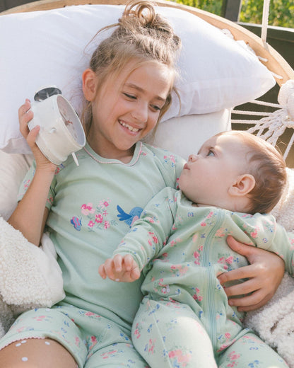 Organic Cotton Two-Piece Short Pajama Set Small Pink And Blue Flowers On Light Sage-1