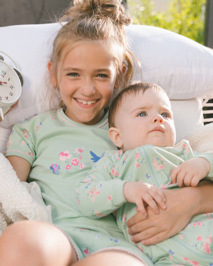 Organic Cotton Two-Piece Short Pajama Set Small Pink And Blue Flowers On Light Sage-3