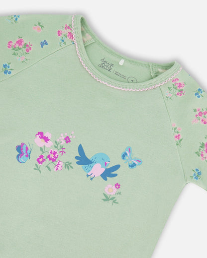 Organic Cotton Two-Piece Short Pajama Set Small Pink And Blue Flowers On Light Sage-2