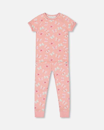Organic Cotton Short Sleeve Top And Pant Pajama Set Pink And Blue Butterflies On Old Pink-0