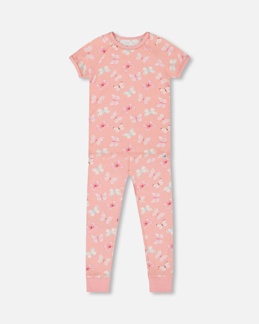 Organic Cotton Short Sleeve Top And Pant Pajama Set Pink And Blue Butterflies On Old Pink-0
