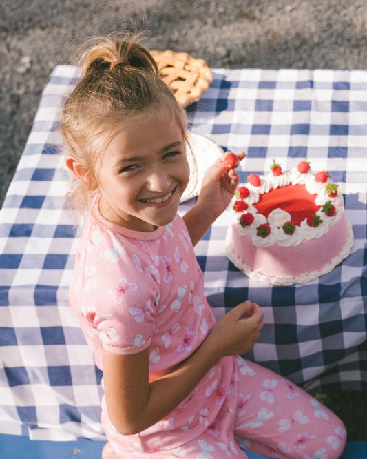 Organic Cotton Short Sleeve Top And Pant Pajama Set Pink And Blue Butterflies On Old Pink-1