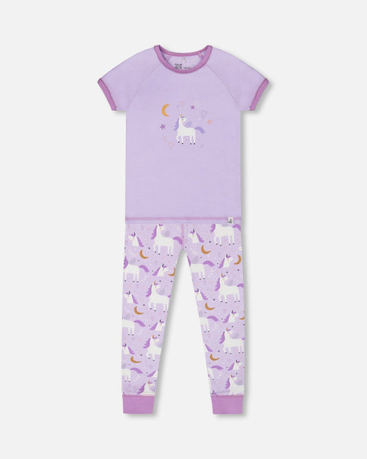 Organic Cotton Short Sleeve Top And Pant Pajama Set White Unicorn On Mauve-0