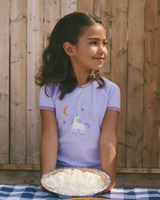 Organic Cotton Short Sleeve Top And Pant Pajama Set White Unicorn On Mauve-1