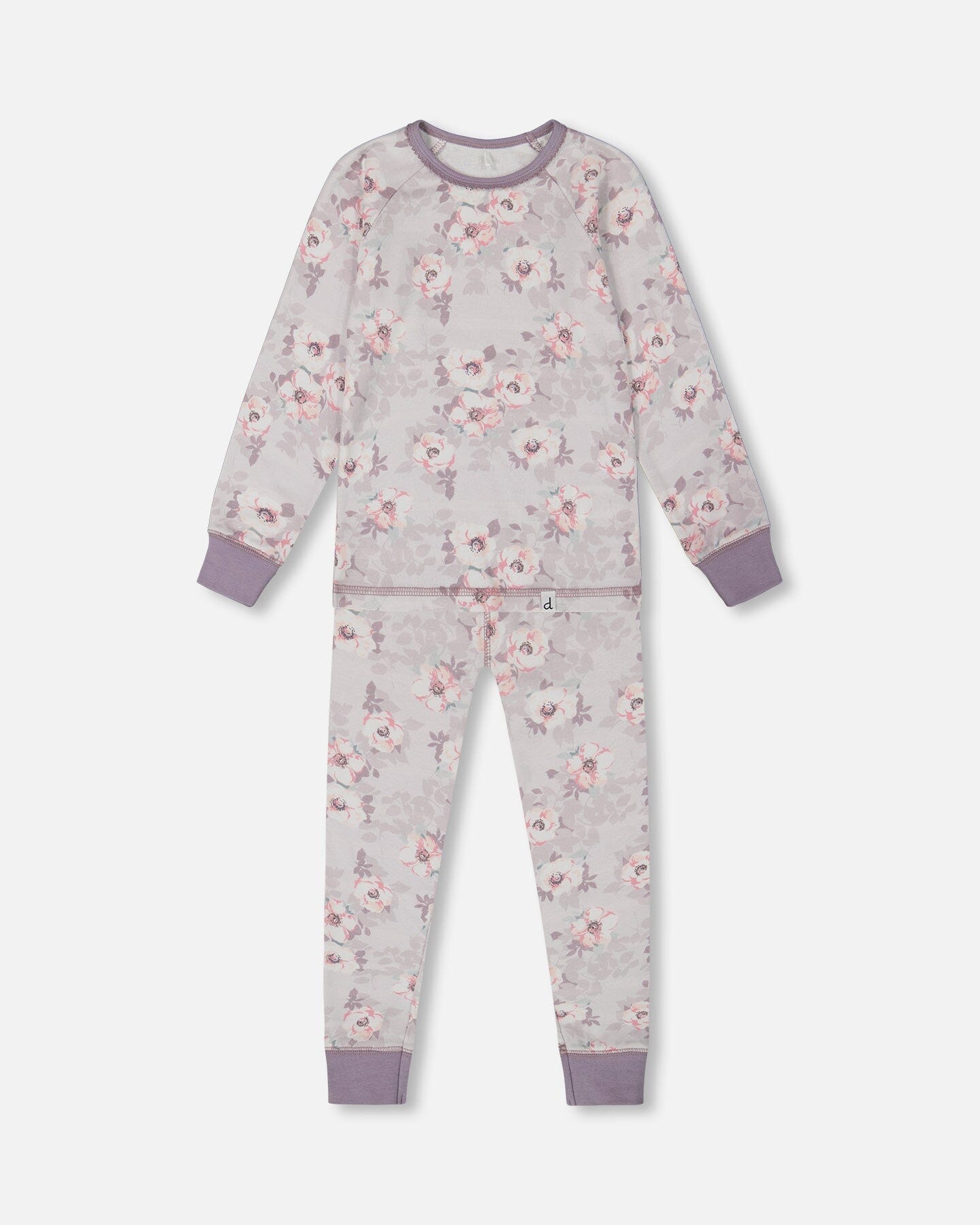 Printed Organic Cotton Long Sleeve Top And Pant Pajama Set Pale Pink Flowers On Neutral Lilac-0