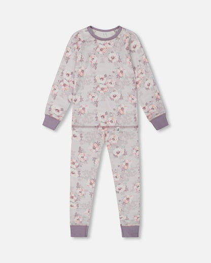 Printed Organic Cotton Long Sleeve Top And Pant Pajama Set Pale Pink Flowers On Neutral Lilac-0