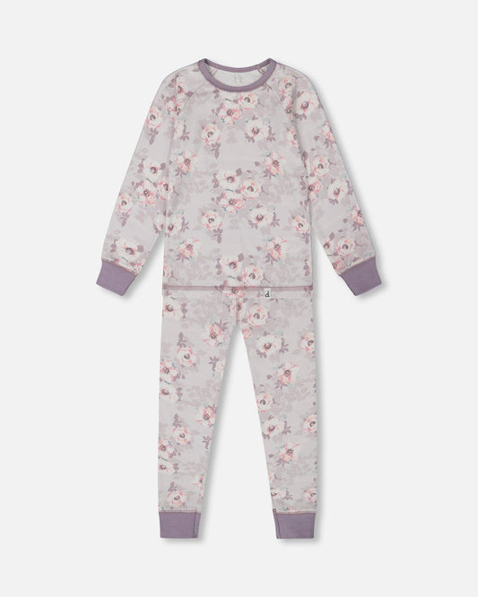Printed Organic Cotton Long Sleeve Top And Pant Pajama Set Pale Pink Flowers On Neutral Lilac-0