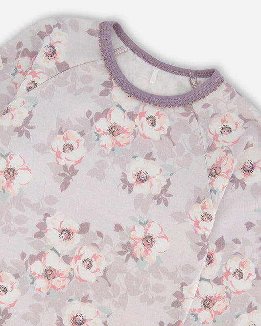 Printed Organic Cotton Long Sleeve Top And Pant Pajama Set Pale Pink Flowers On Neutral Lilac-1