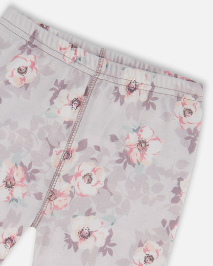 Printed Organic Cotton Long Sleeve Top And Pant Pajama Set Pale Pink Flowers On Neutral Lilac-2