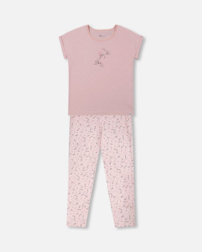 Women'S Printed Organic Cotton Two-Piece Pajama Set Small Pink Flowers On Pale Pink Background-0
