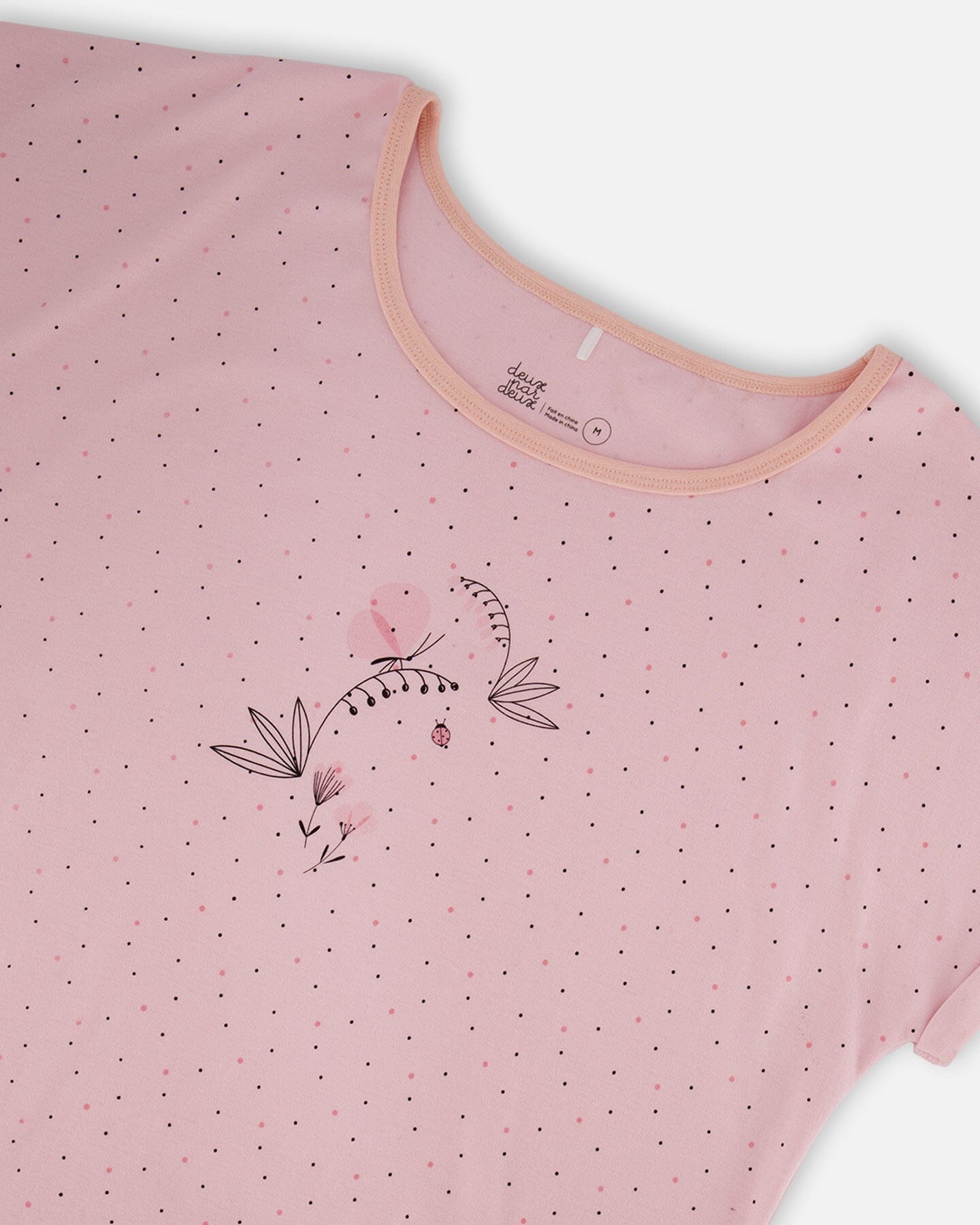 Women'S Printed Organic Cotton Two-Piece Pajama Set Small Pink Flowers On Pale Pink Background-3