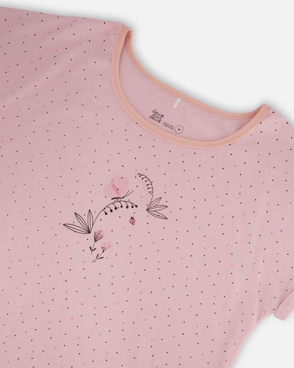 Women'S Printed Organic Cotton Two-Piece Pajama Set Small Pink Flowers On Pale Pink Background-3