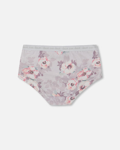 Printed Organic Cotton Boyshort Panty Pale Pink Flowers On Neutral Lilac-1