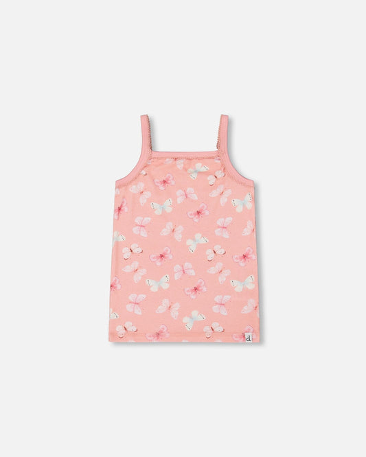 Printed Organic Cotton Tank Top Pink And Blue Butterflies On Old Pink-0
