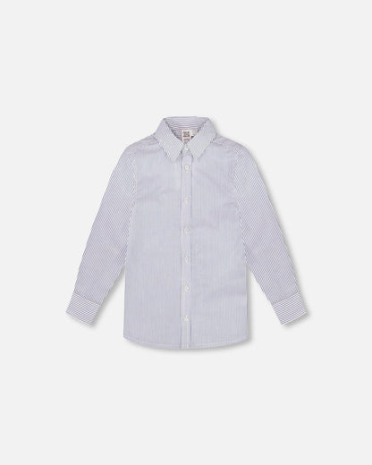 Long Sleeve Button Down Shirt Navy Blue Stripes-0