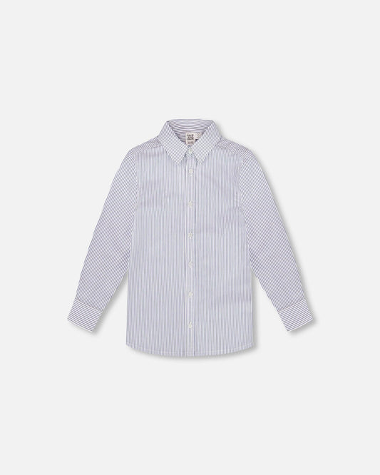 Long Sleeve Button Down Shirt Navy Blue Stripes-0