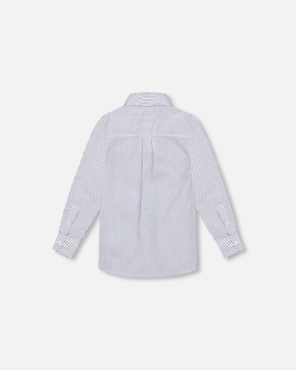 Long Sleeve Button Down Shirt Navy Blue Stripes-2