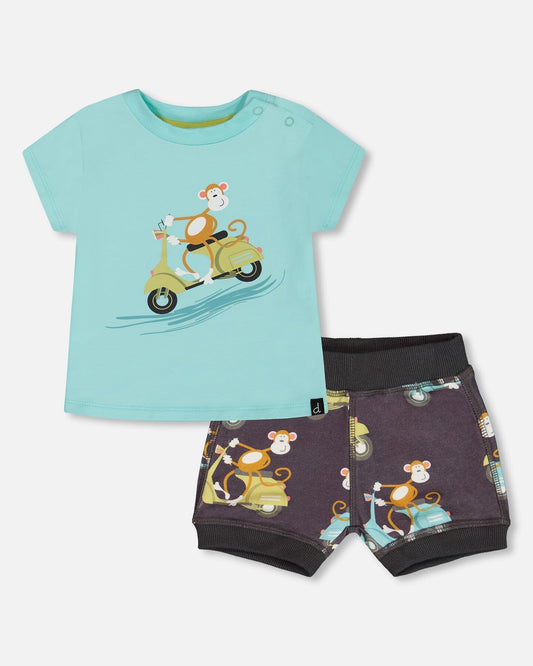 Two-Piece Top And Short Set Monkey On Navy And Turquoise Moped-0