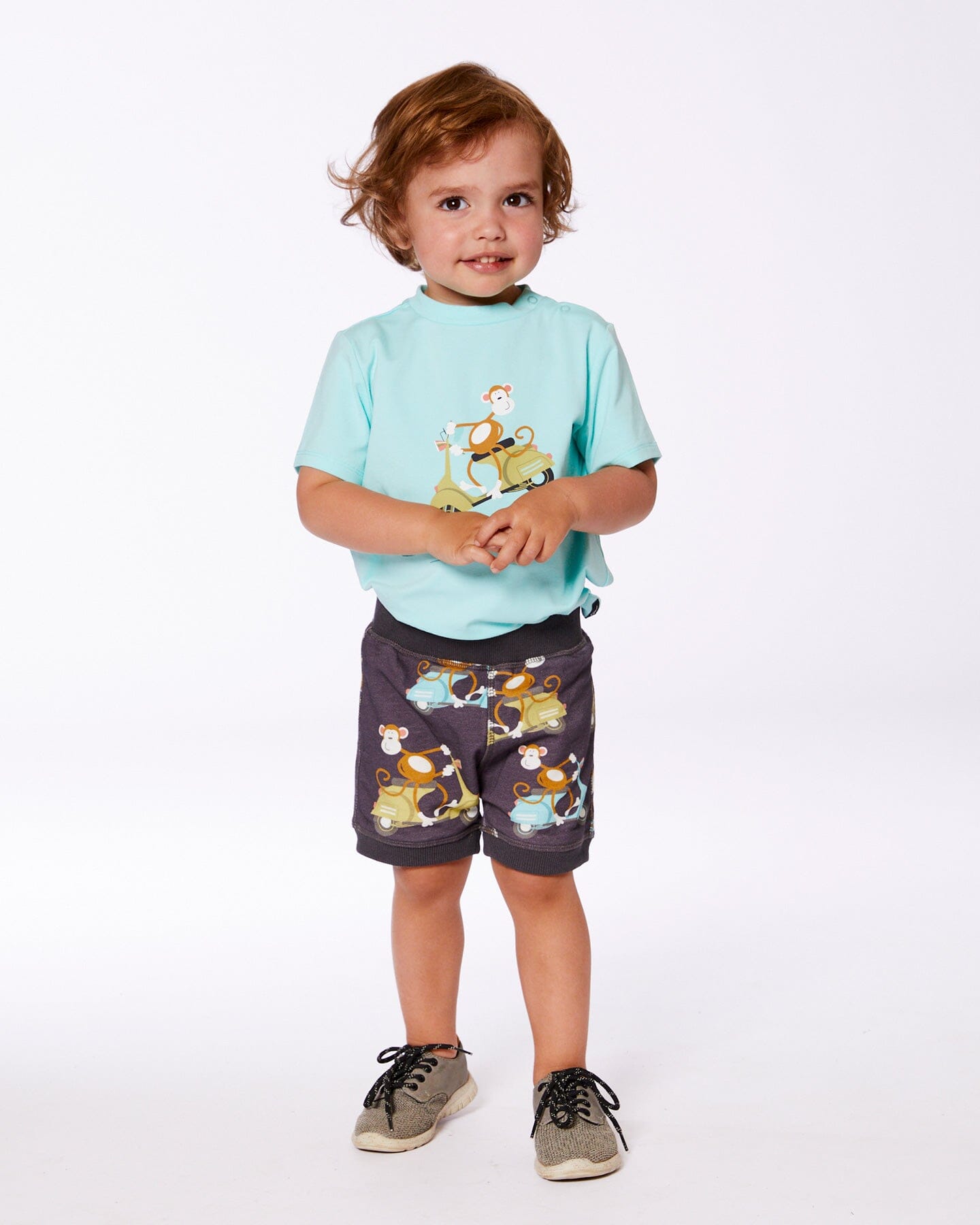 Two-Piece Top And Short Set Monkey On Navy And Turquoise Moped-2